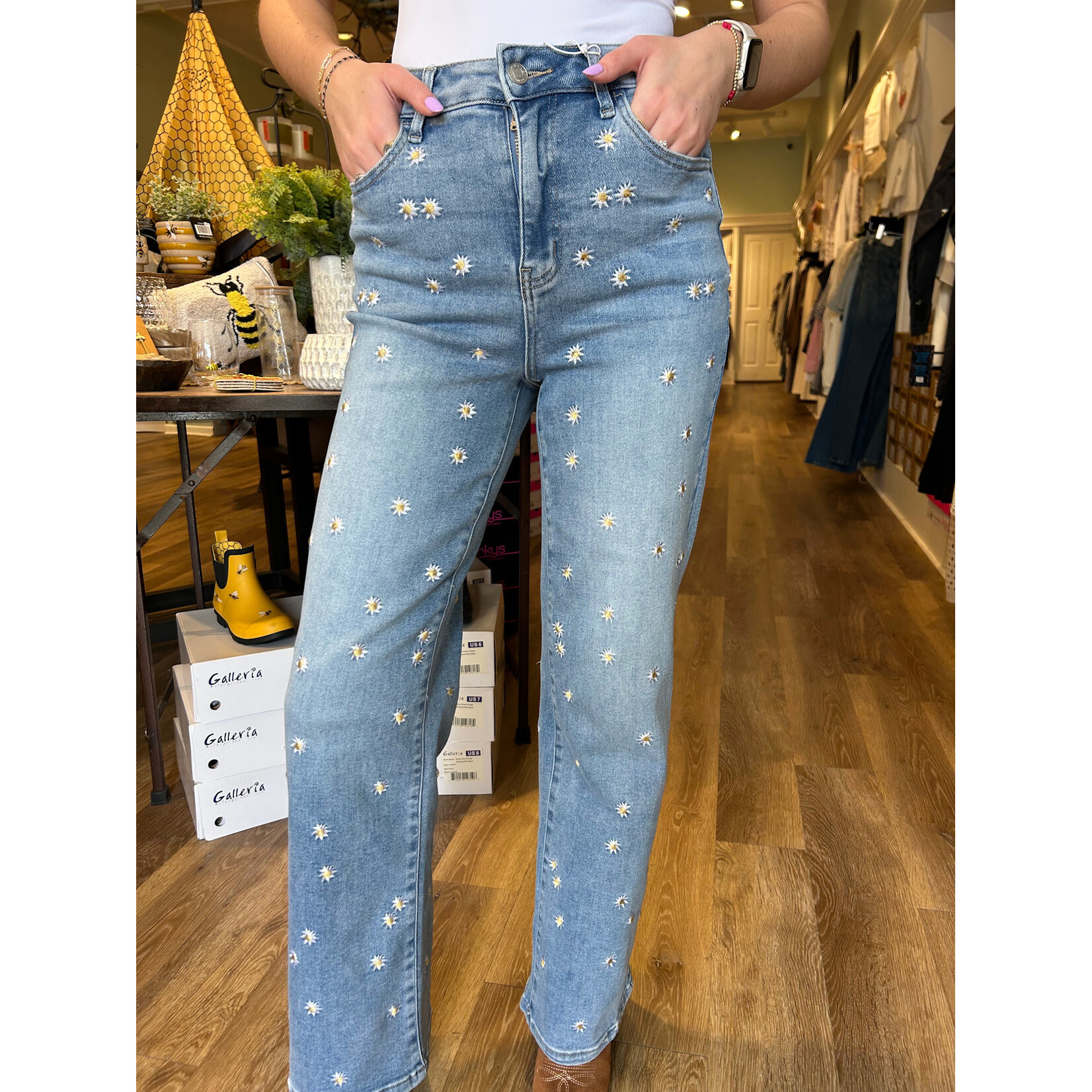 High Rise Embroidered Wide Leg Jeans,