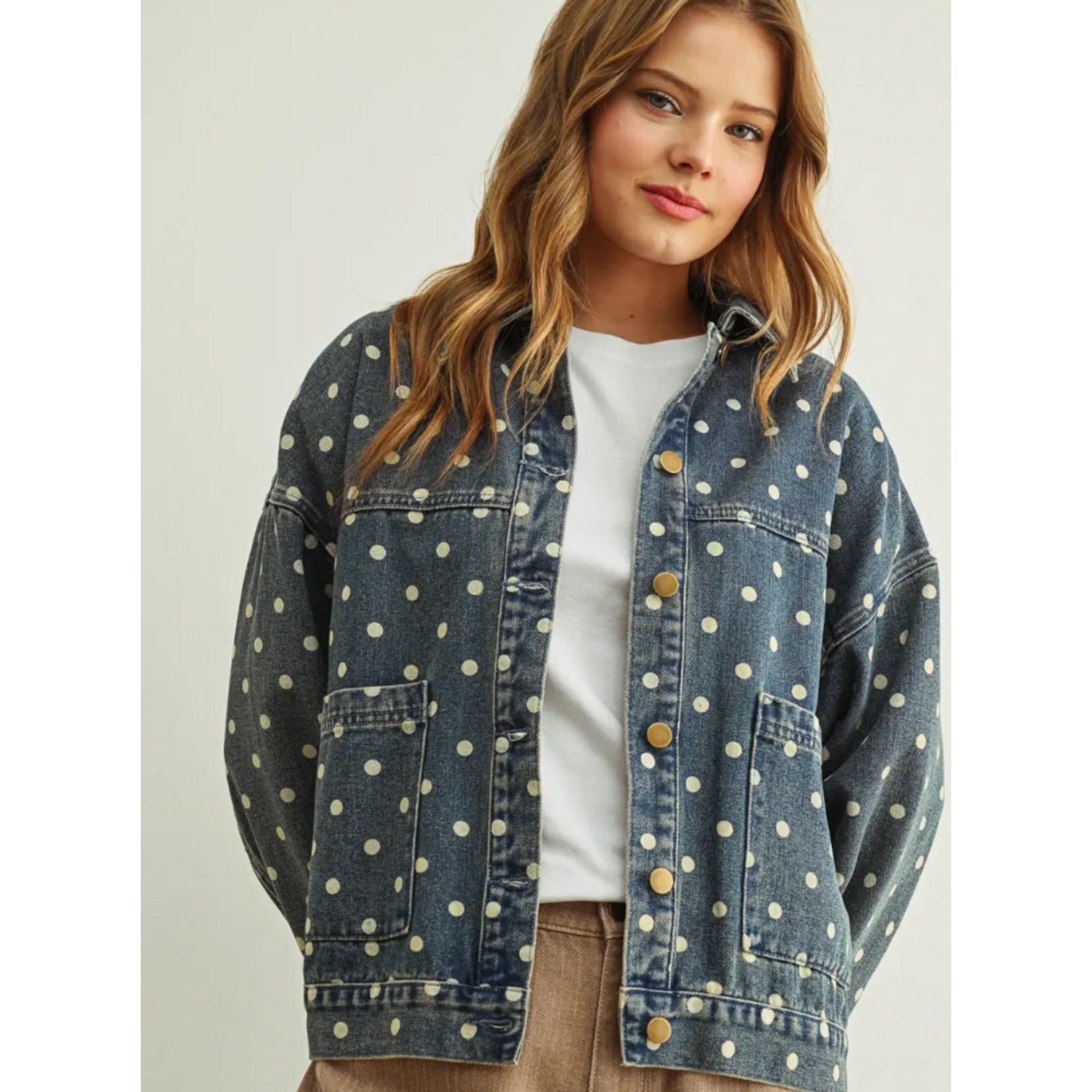 Miou Muse Polka Dot Button Front Denim Jacket