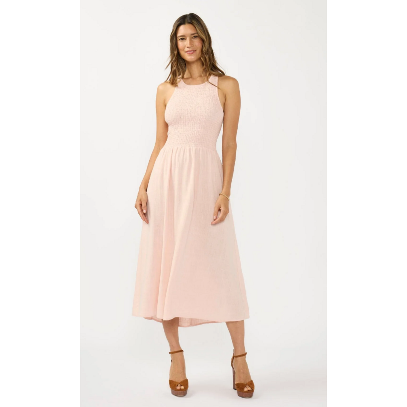 Sleeveless Smocked Tie Back Midi Dress