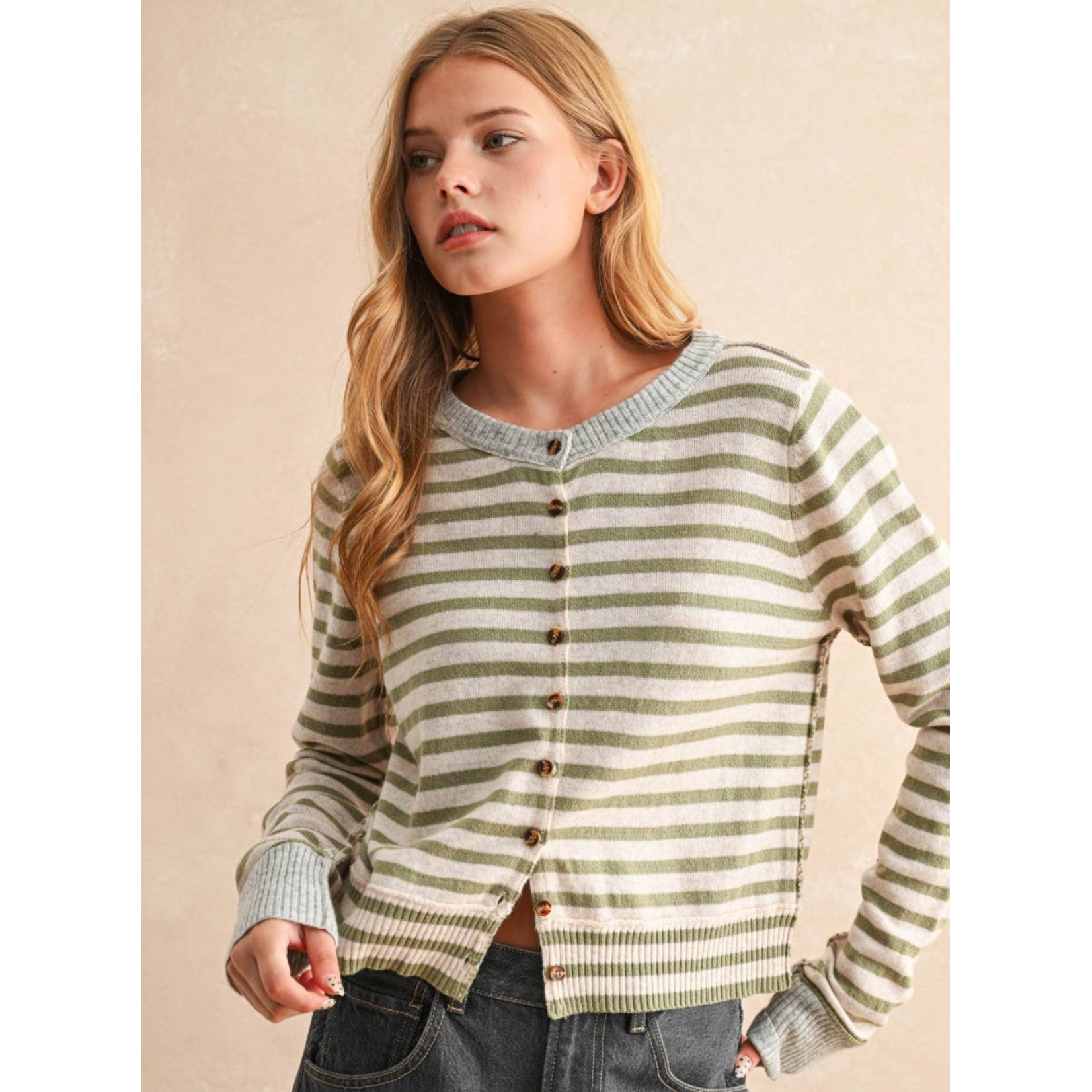 Miou Muse Striped Button Front Sweater Cardigan
