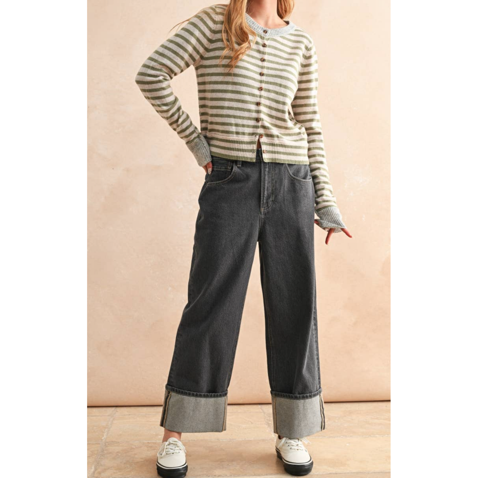 Miou Muse Striped Button Front Sweater Cardigan
