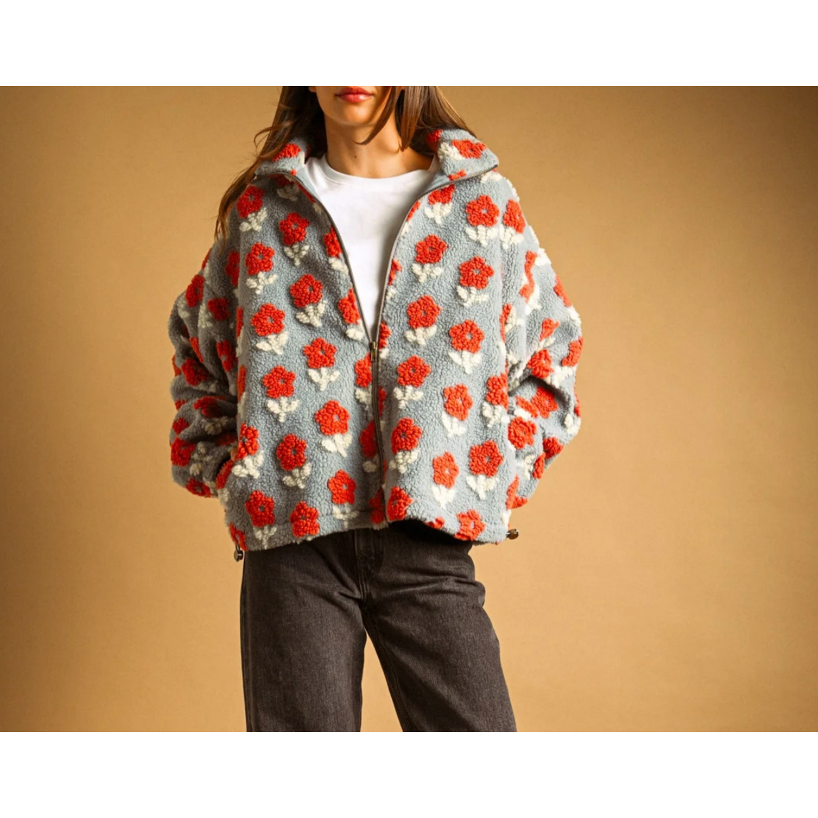 Miou Muse Flower Pattern Zipper Front Sherpa Jacket