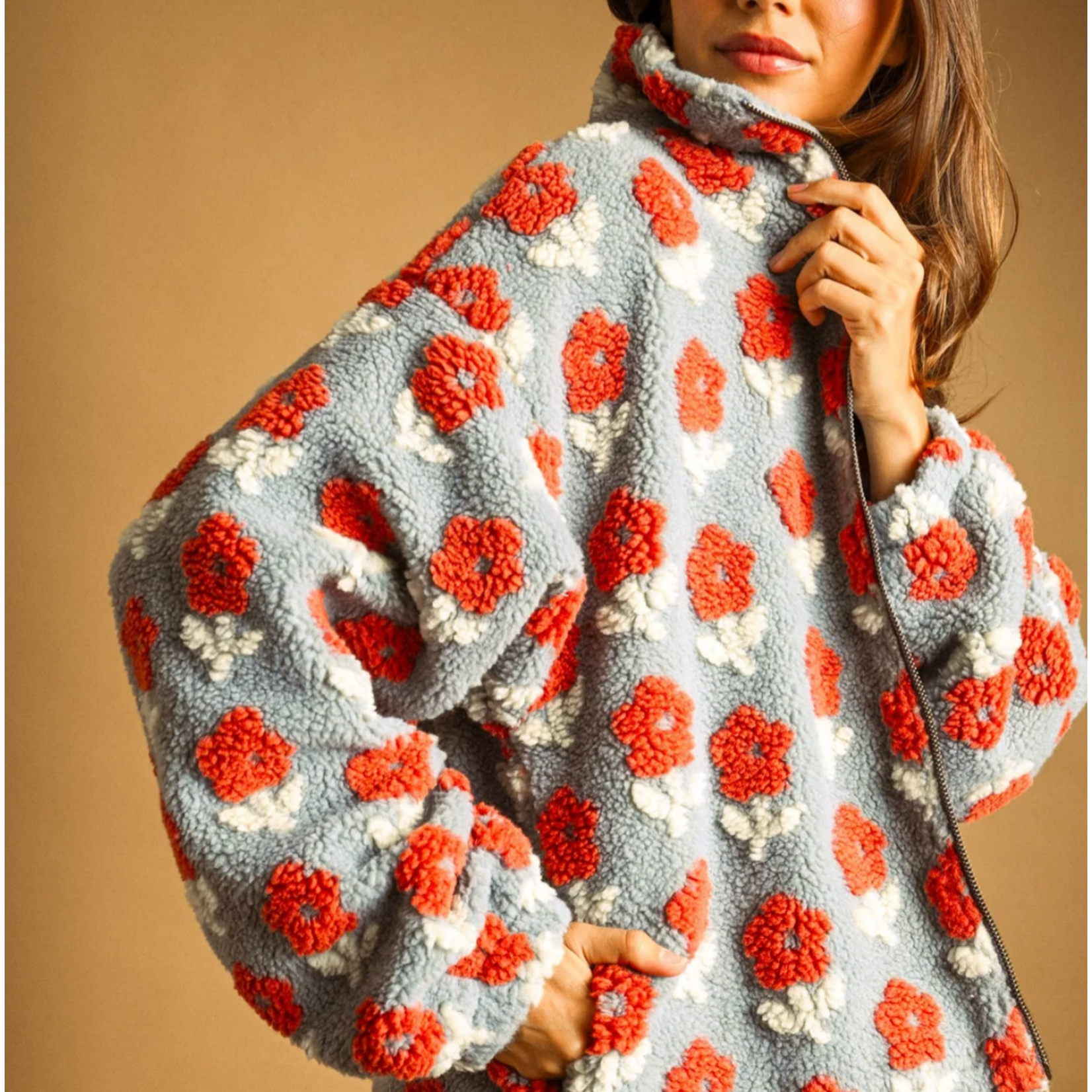 Miou Muse Flower Pattern Zipper Front Sherpa Jacket