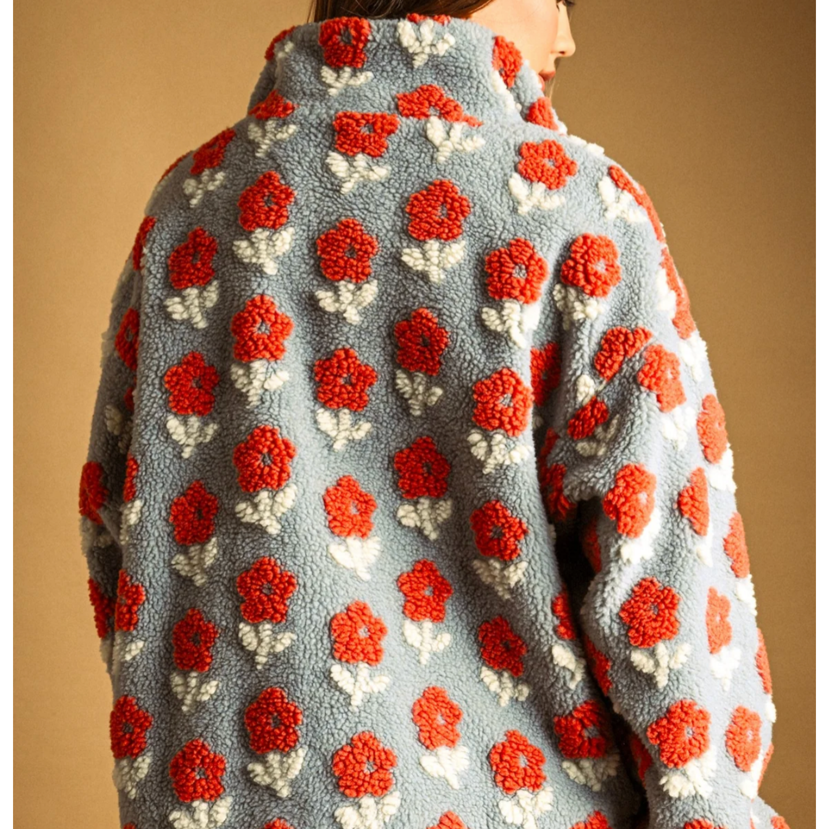 Miou Muse Flower Pattern Zipper Front Sherpa Jacket
