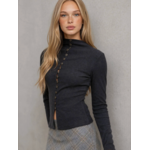 Button Front Mock Neck Long Sleeve Knit Top