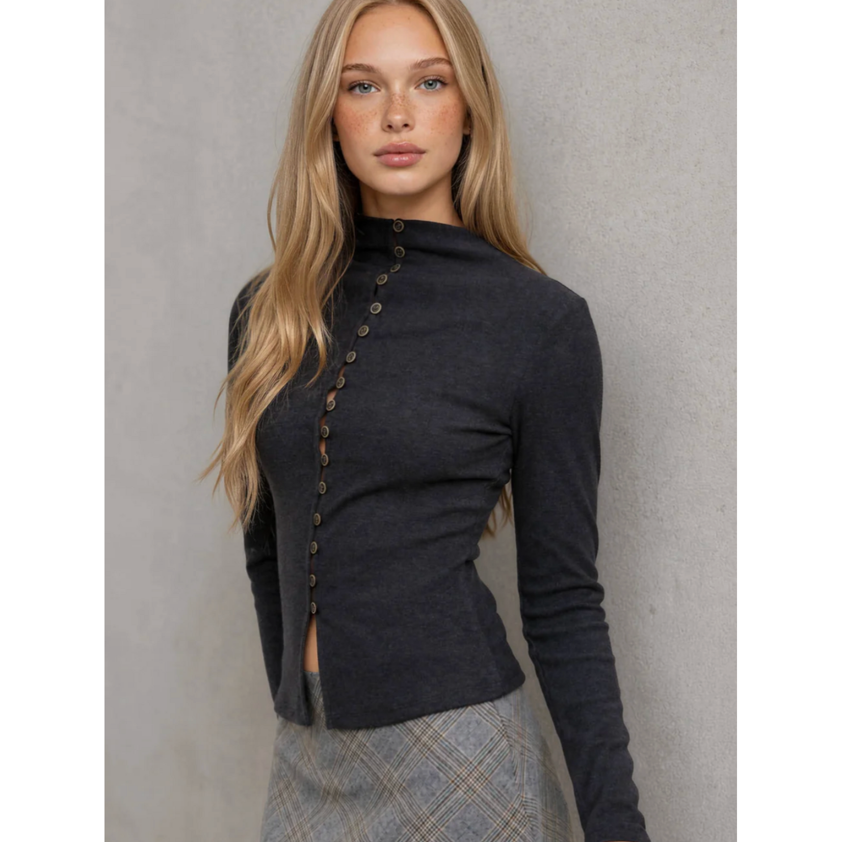 Button Front Mock Neck Long Sleeve Knit Top
