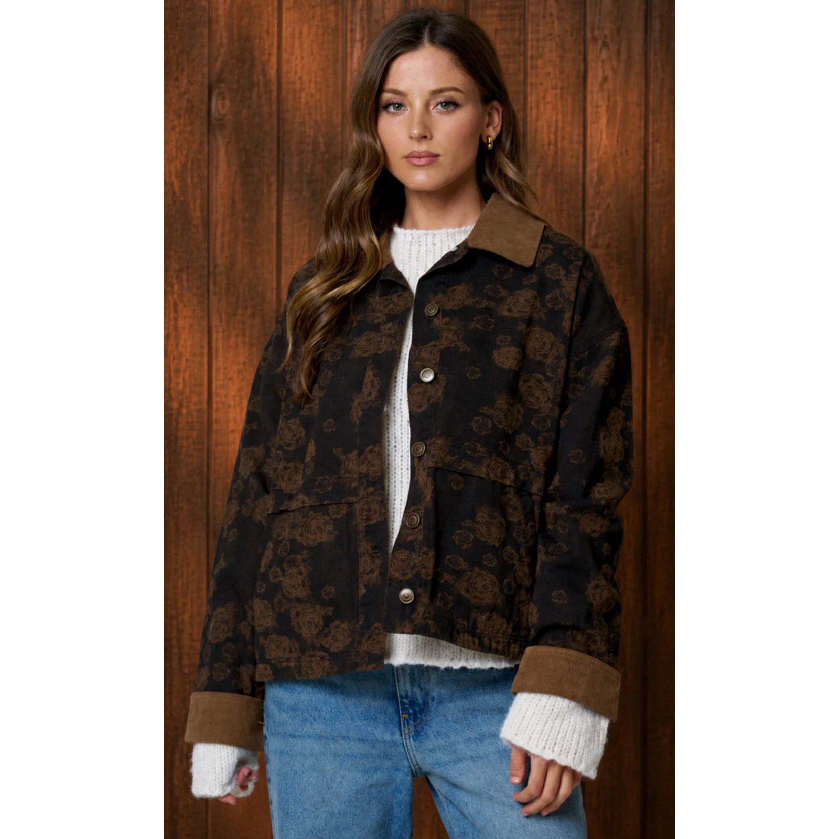 Floral Denim Jacquard Corduroy Collar Jacket