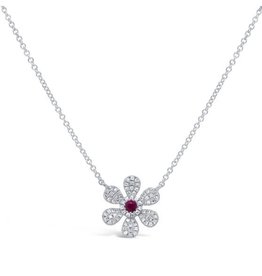 14K White Gold Ruby and Diamond Flower Necklace