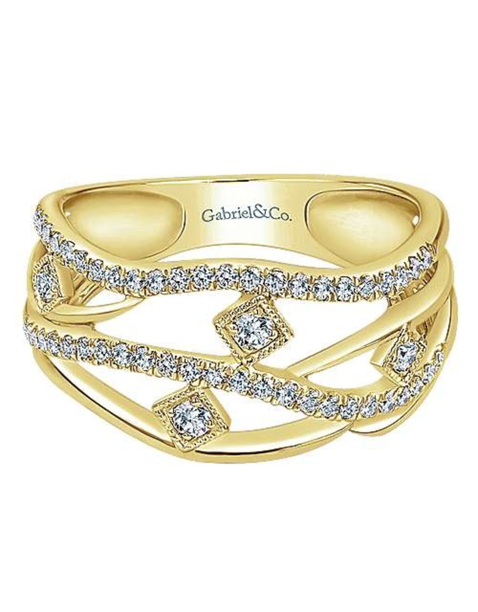 14K Yellow Gold Layered Open Work Diamond Ring, D: 0.37ct