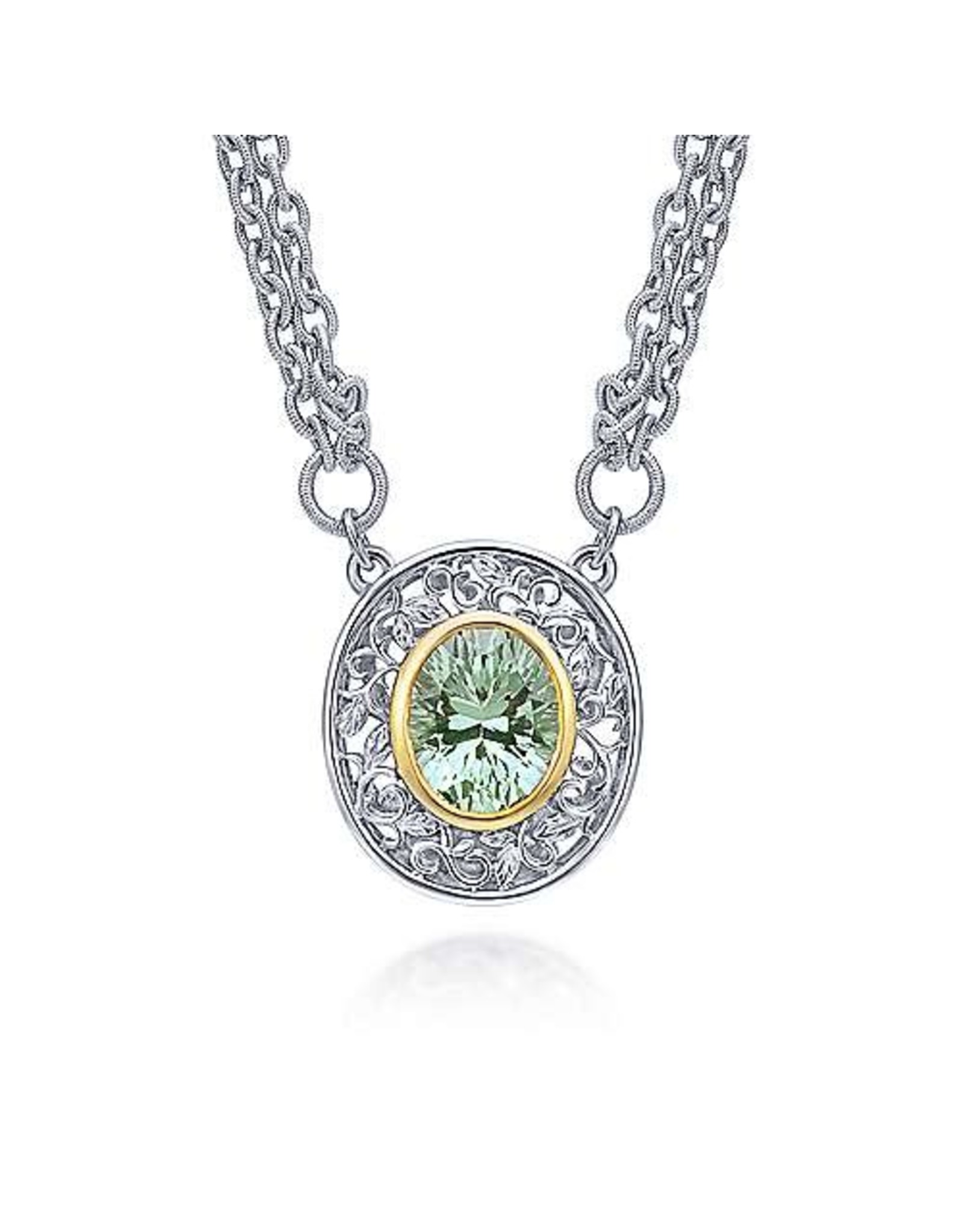 925 & 18K Yellow Gold Oval Green Amethyst Necklace, GA: 4.21ct