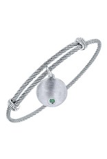 Adjustable Stainless Steel Bangle with Round Sterling Silver Genuine Stone Disc Charm- BG3573