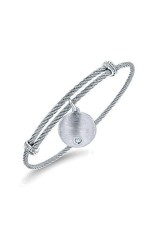 Adjustable Stainless Steel Bangle with Round Sterling Silver Genuine Stone Disc Charm- BG3573