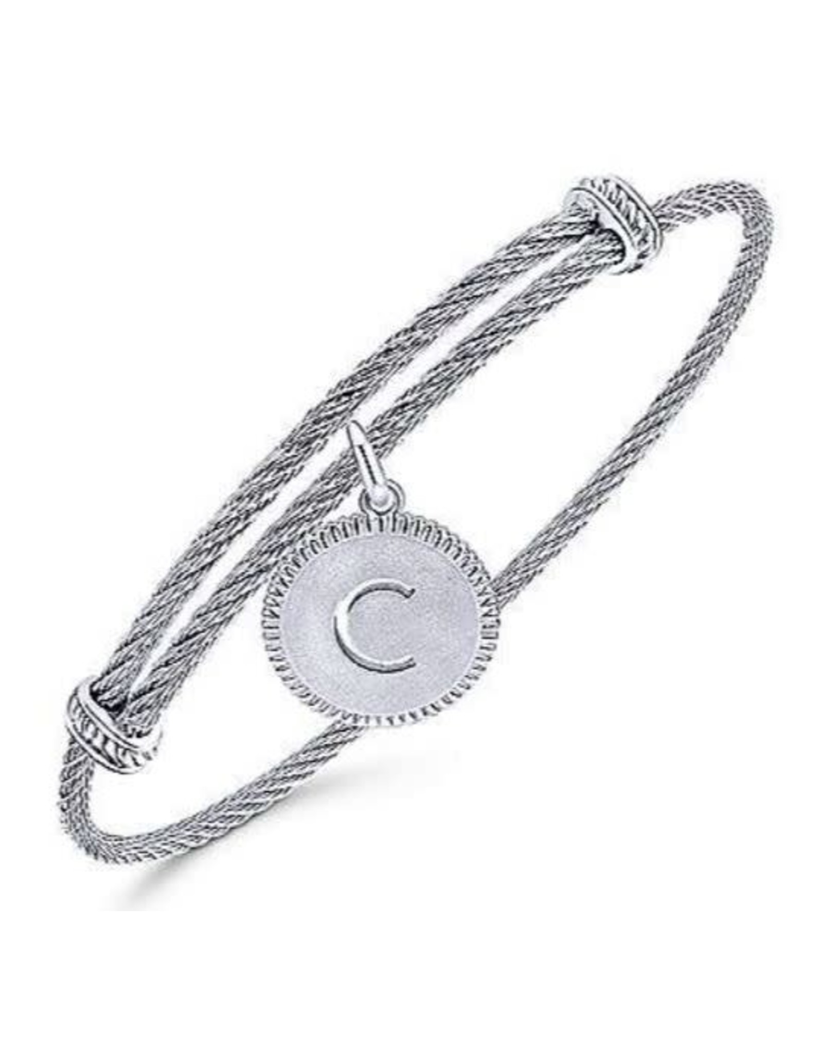 Adjustable Twisted Cable Stainless Steel Bangle with Sterling Silver Initial Charm- BG3632