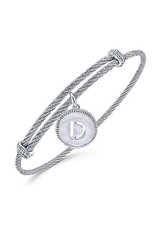 Adjustable Twisted Cable Stainless Steel Bangle with Sterling Silver Initial Charm- BG3632