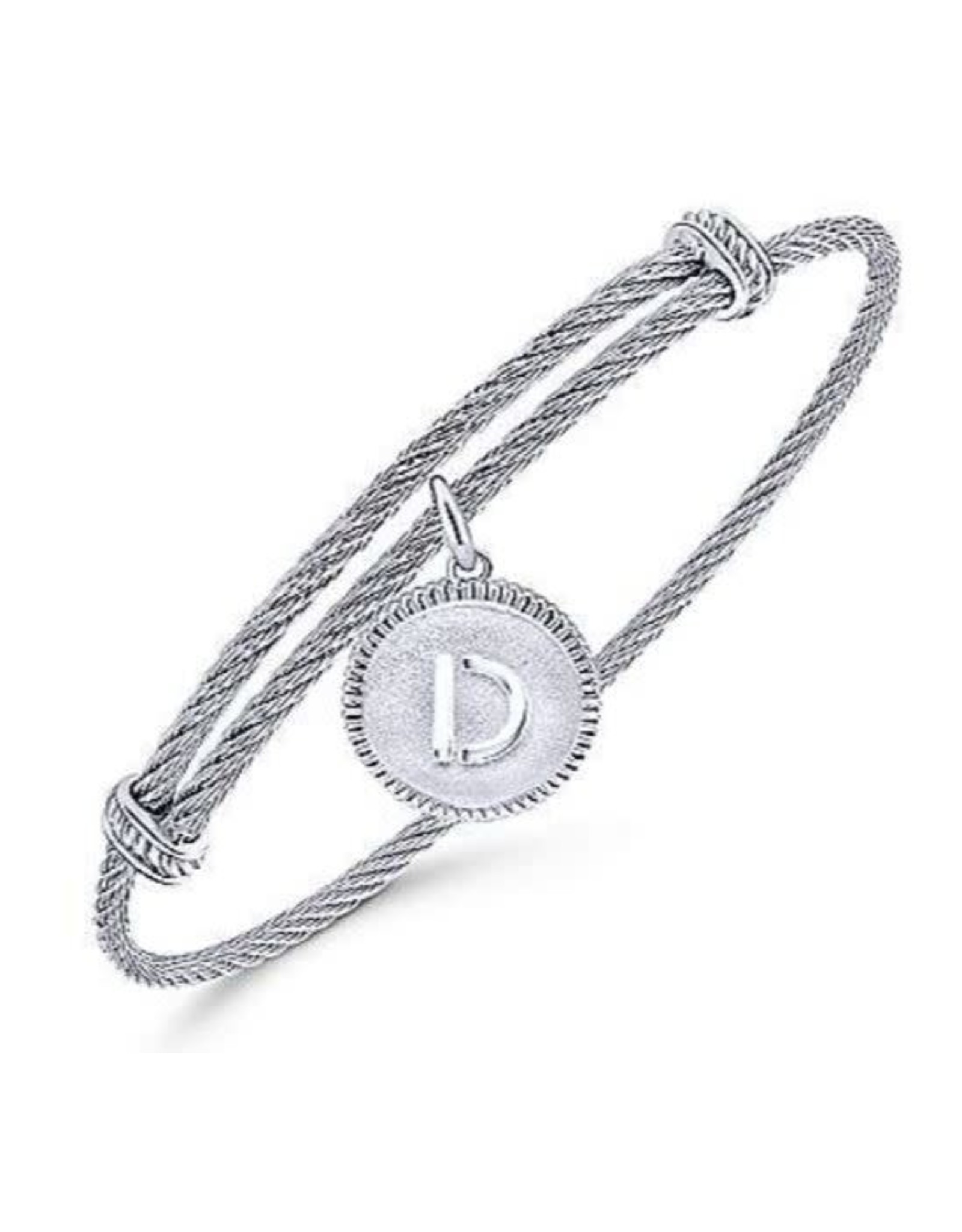 Adjustable Twisted Cable Stainless Steel Bangle with Sterling Silver Initial Charm- BG3632