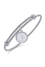 Adjustable Twisted Cable Stainless Steel Bangle with Sterling Silver Initial Charm- BG3632