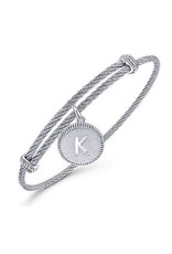 Adjustable Twisted Cable Stainless Steel Bangle with Sterling Silver Initial Charm- BG3632