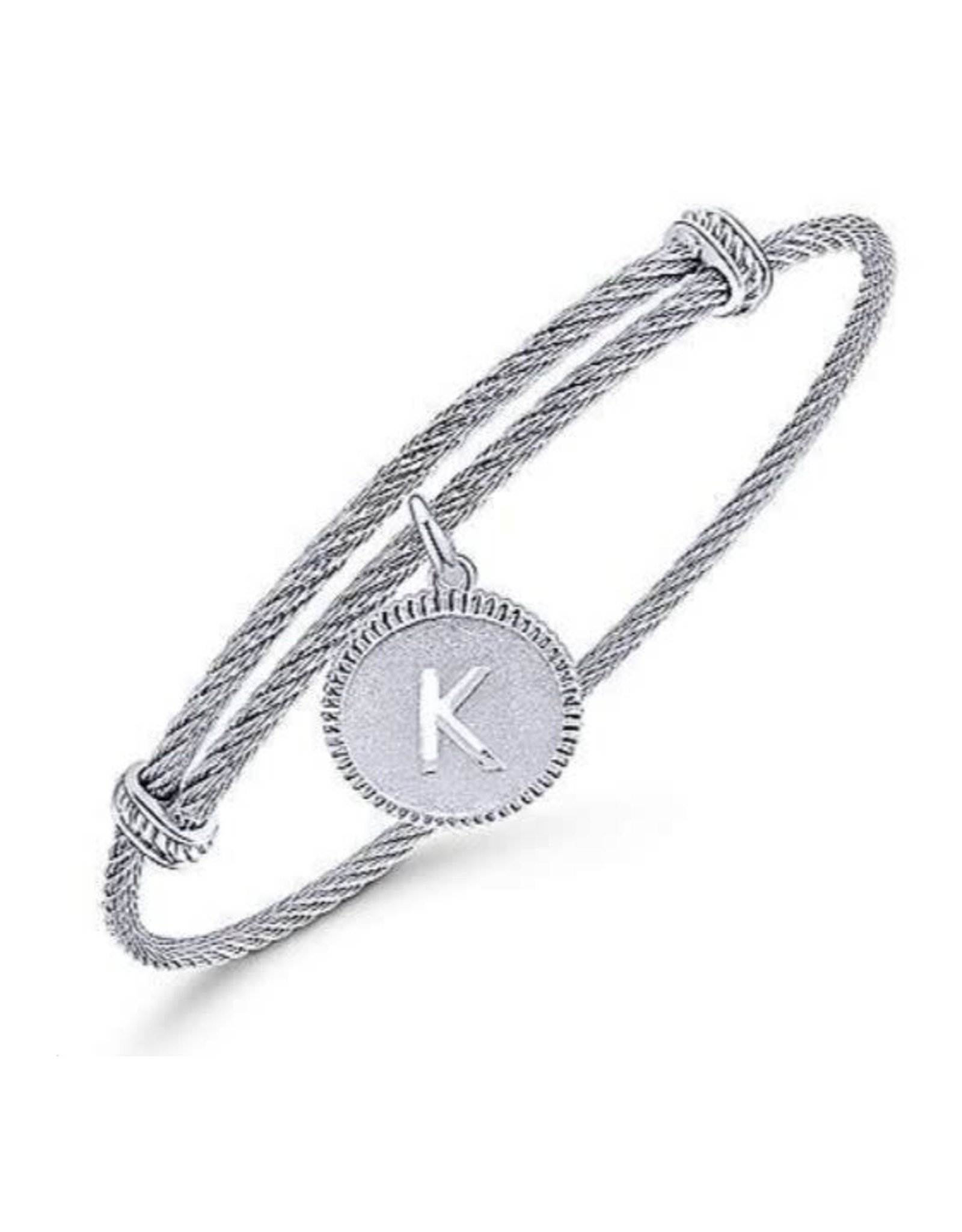 Adjustable Twisted Cable Stainless Steel Bangle with Sterling Silver Initial Charm- BG3632