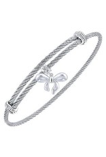 Adjustable Twisted Cable Stainless Steel Bangle with Sterling Silver Bow Charm