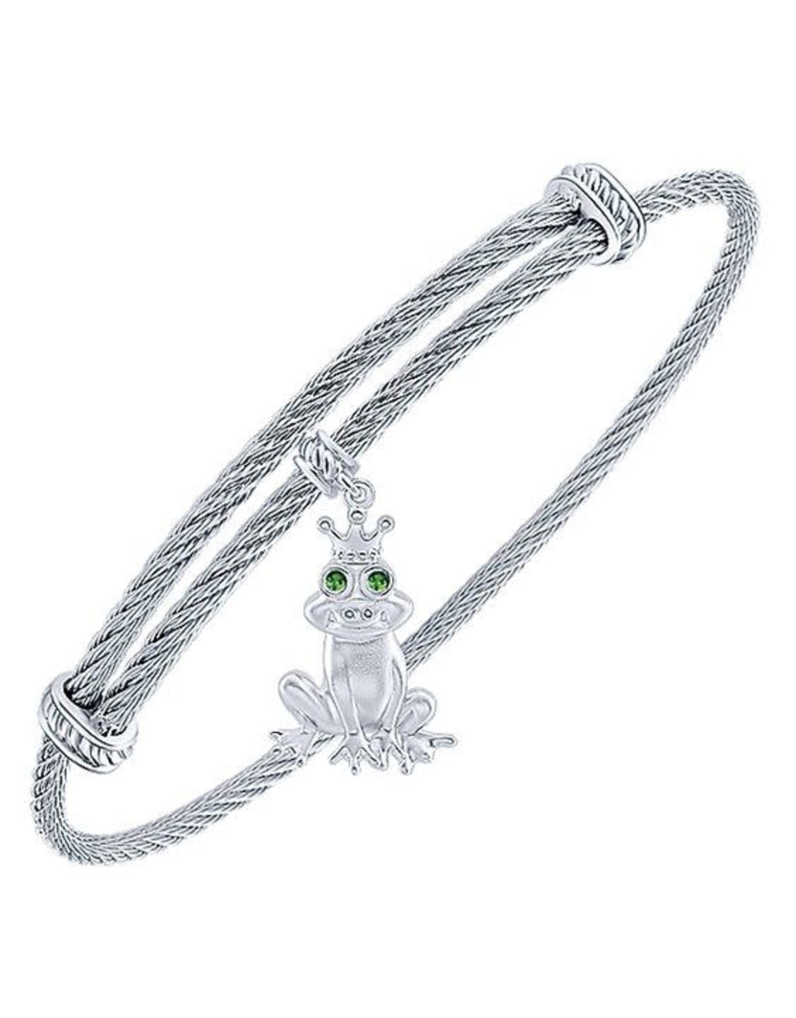 Twisted Cable Stainless Steel Bangle with Sterling Silver Emerald Eye Prince Charming Frog Charm