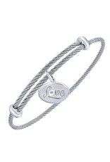 Adjustable Twisted Cable Stainless Steel Bangle Bracelet with Sterling Silver Diamond LOVE Charm, D: 0.01cts