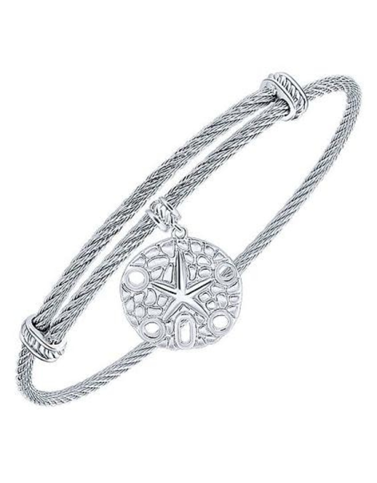 Adjustable Twisted Cable Stainless Steel Bangle Bracelet with Sterling Silver Sand Dollar Charm