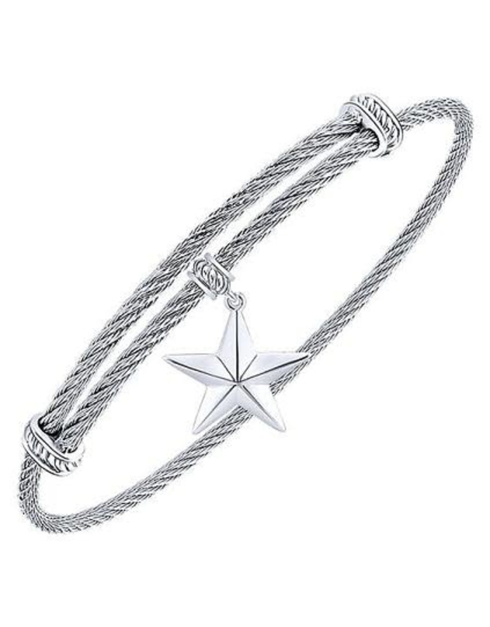 Adjustable Twisted Cable Stainless Steel Bangle Bracelet with Sterling Silver Beveled Star Charm