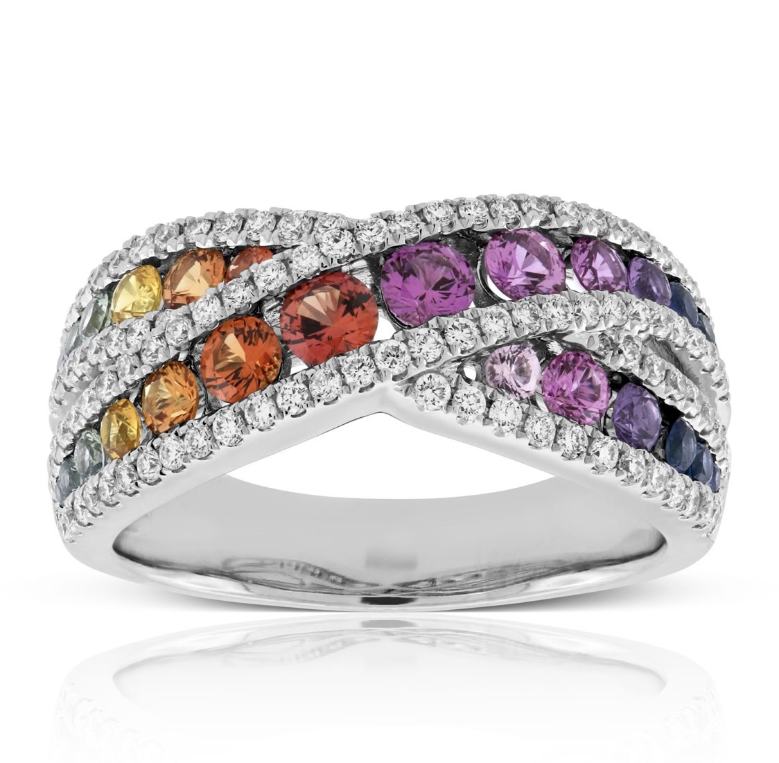 18K W/G Multi Color Sapphire and Diamond Criss Cross ring, SA: 1.23ct