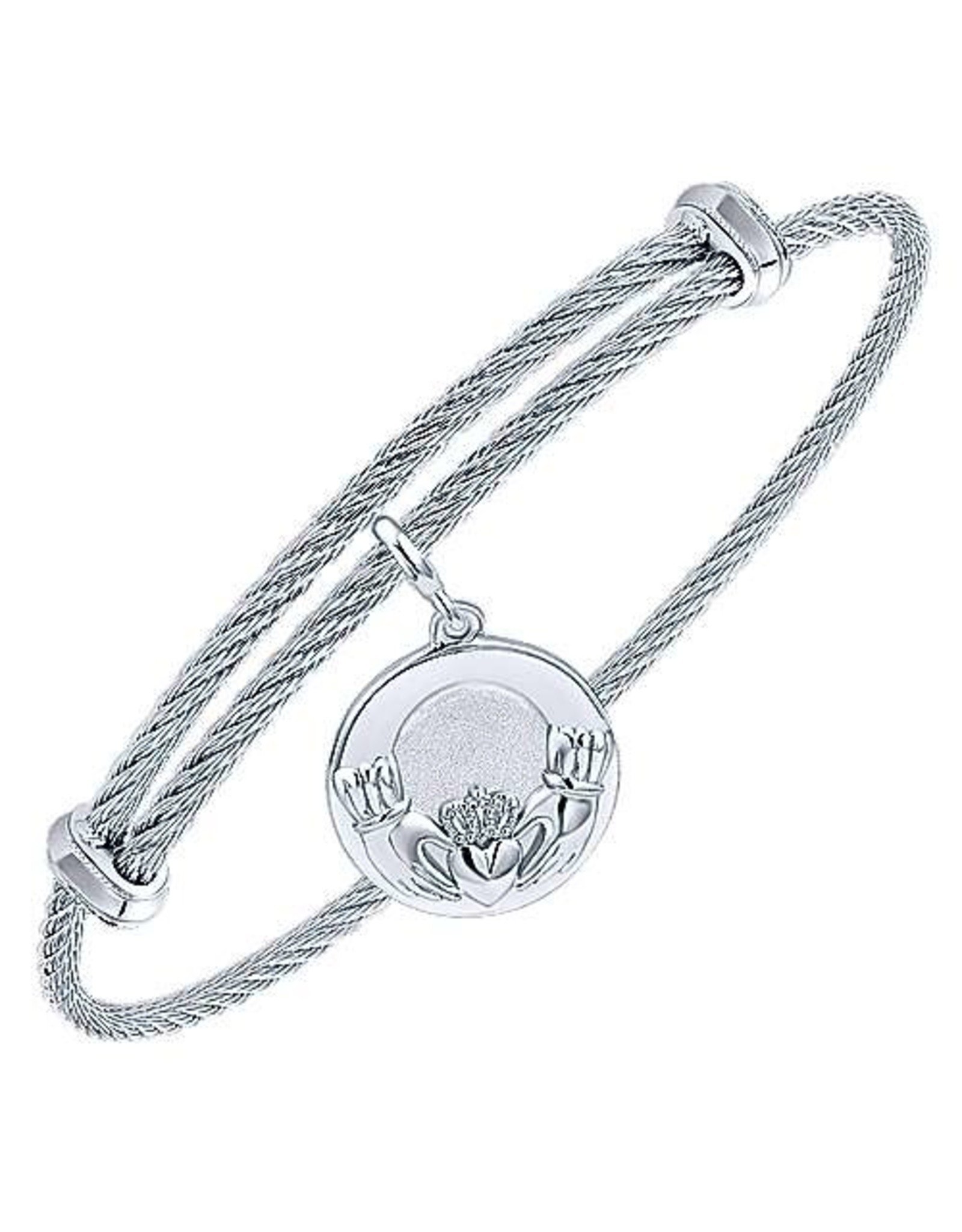 Adjustable Twisted Cable Stainless Steel Bangle with Sterling Silver Claddagh  Charm