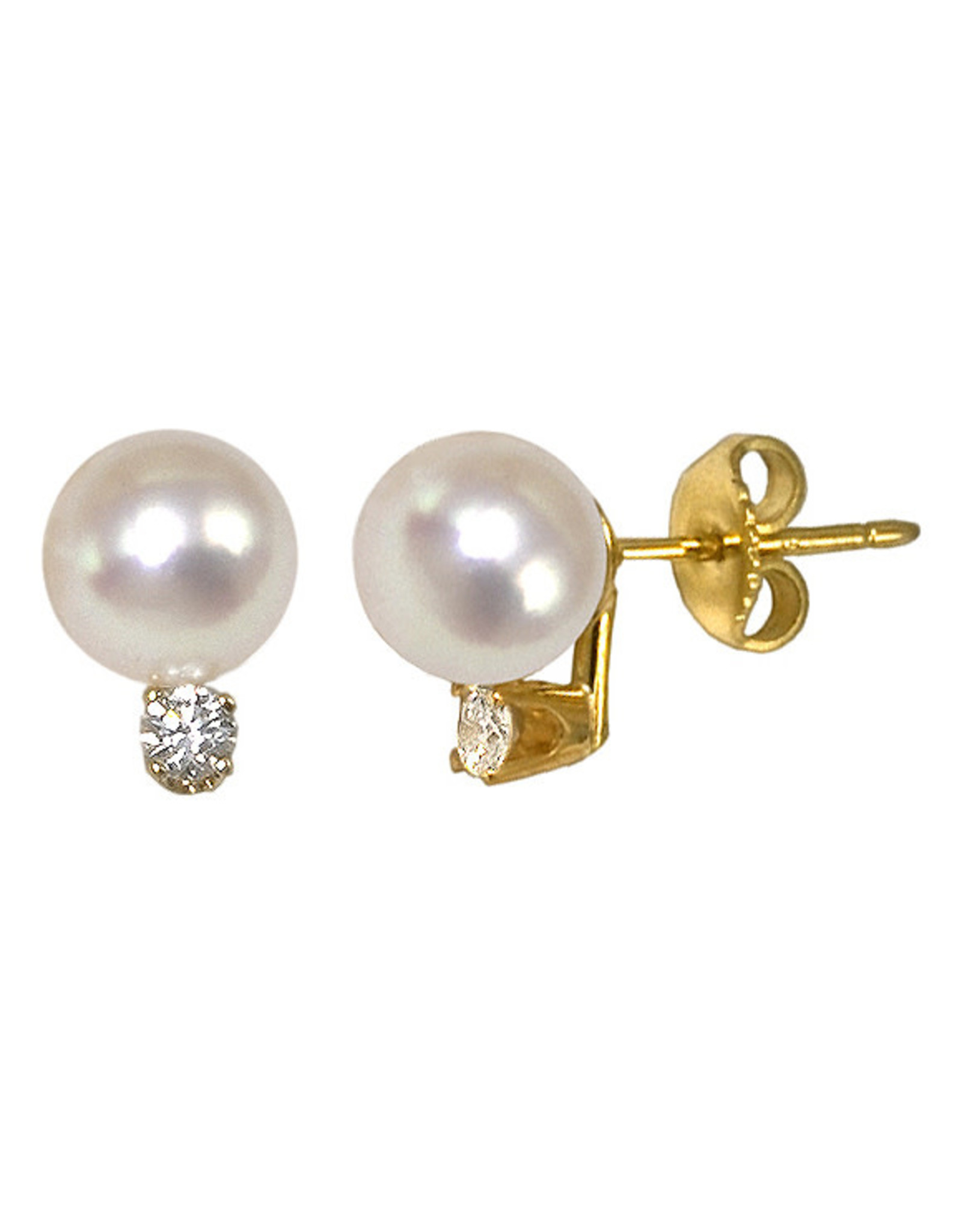 14K Yellow Gold 8.5mm Pearl and Diamond Stud Earrings, D: 0.20ct