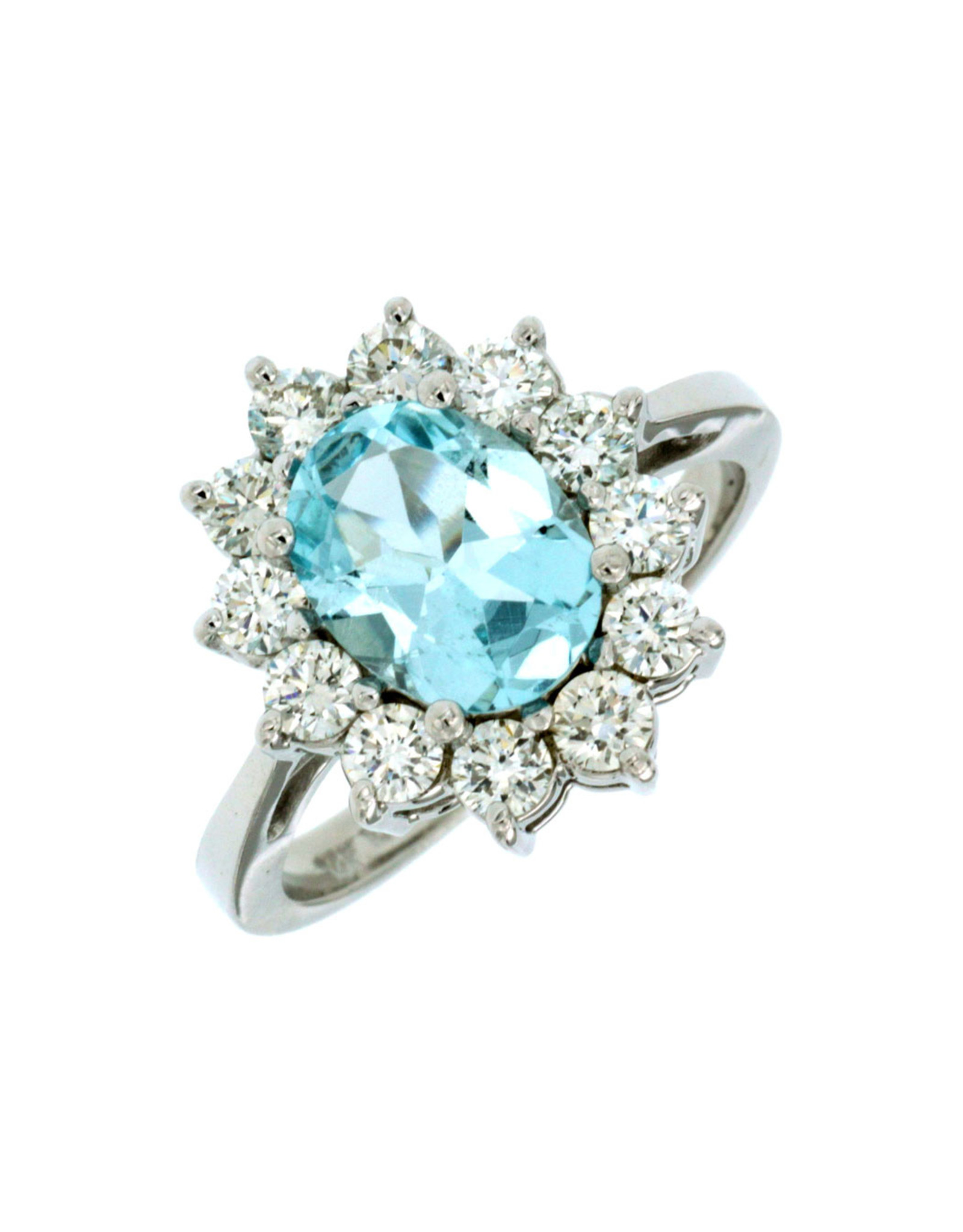 14K White Gold Aquamarine and Diamond Princess Diana Style Ring, AQ:1.50ct, D:1ct