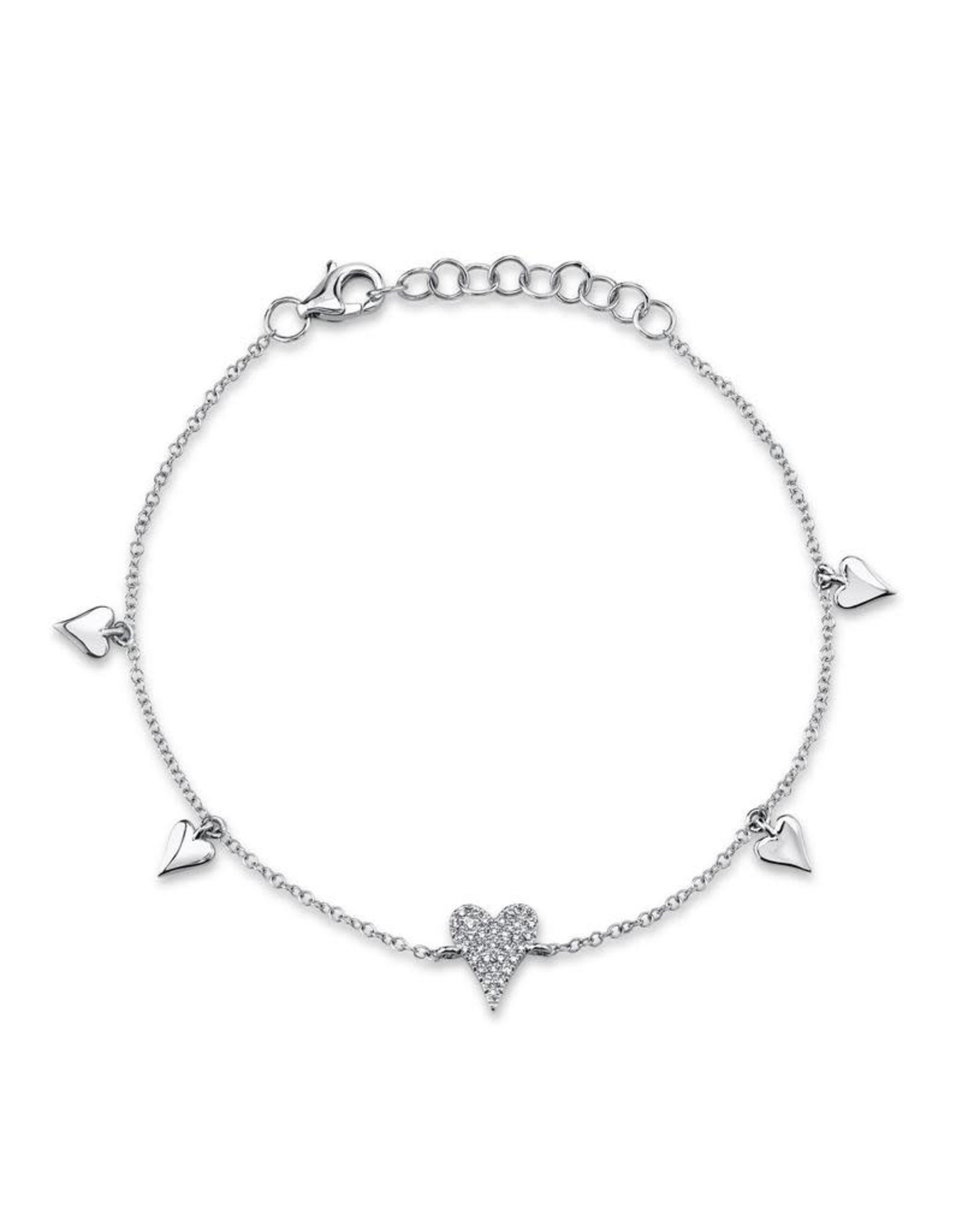 14K White Gold Dainty Pave Diamond Heart Charm Bracelet, D: 0.08ct