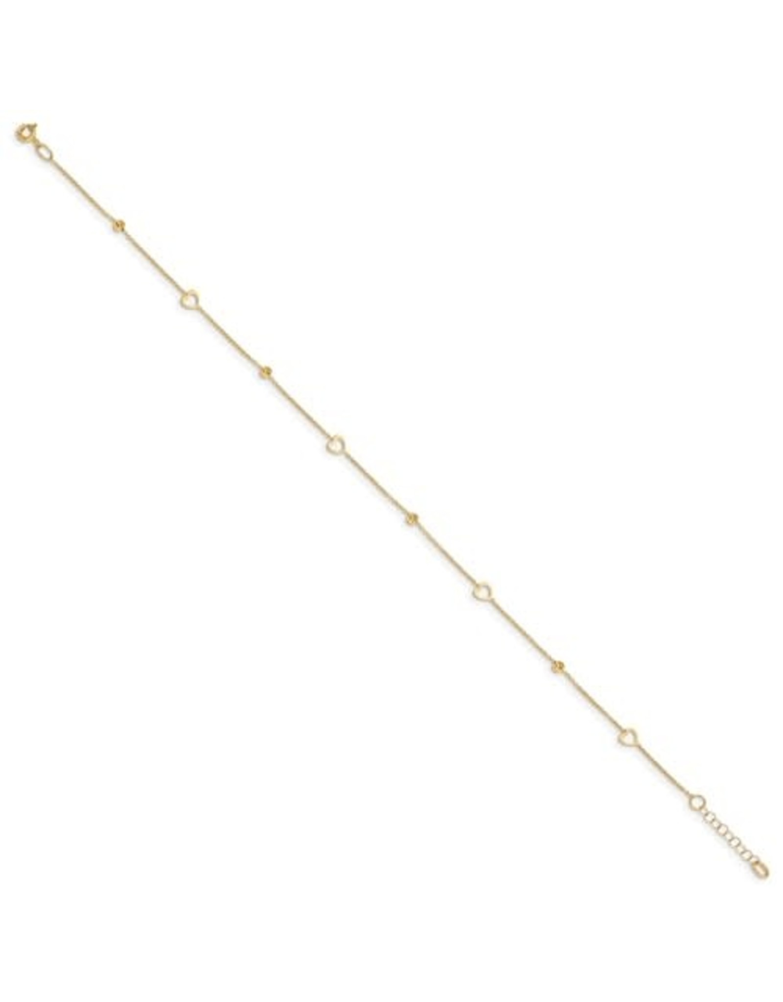 14K Yellow Gold Polished Heart Anklet, 10" ext