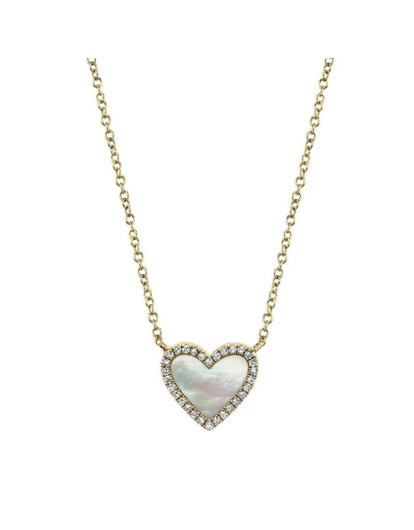 14K Yellow Gold Mother of Pearl and Diamond Heart Necklace, MOP: 0.56ct, D: 0.09ct