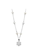 Girls Silver Flower Girl Necklace with Freshwater Pearl Details, 14" - 16"