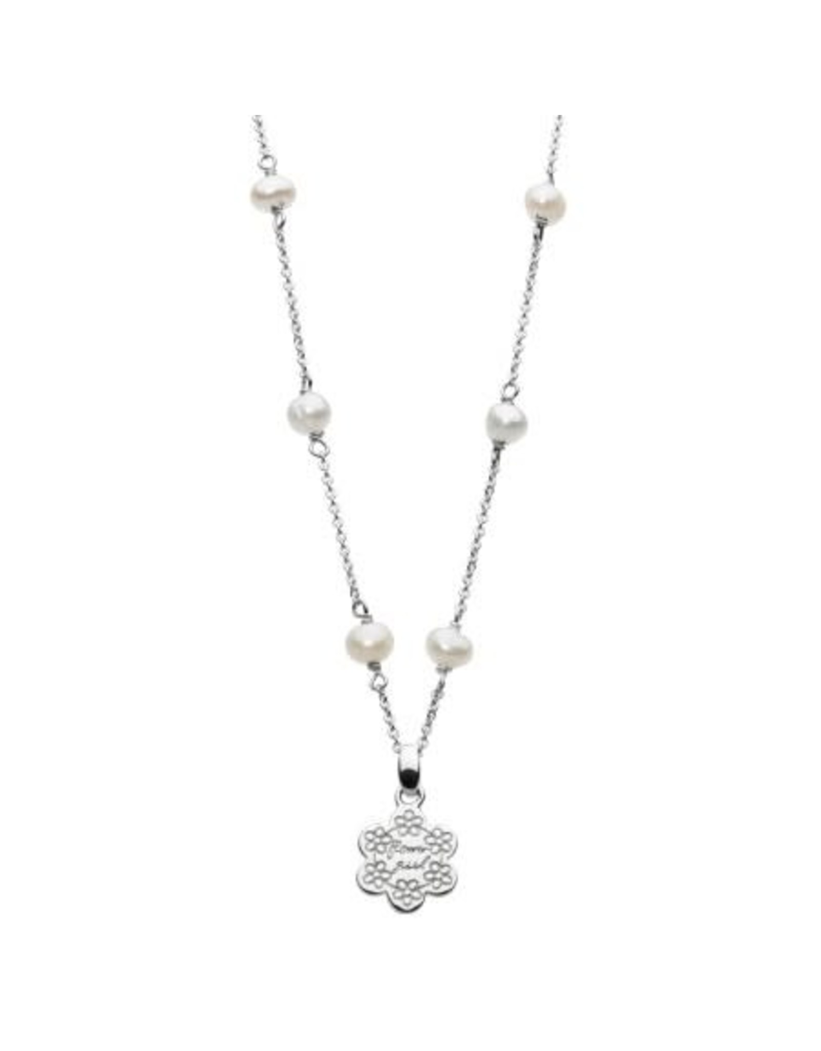 Girls Silver Flower Girl Necklace with Freshwater Pearl Details, 14" - 16"