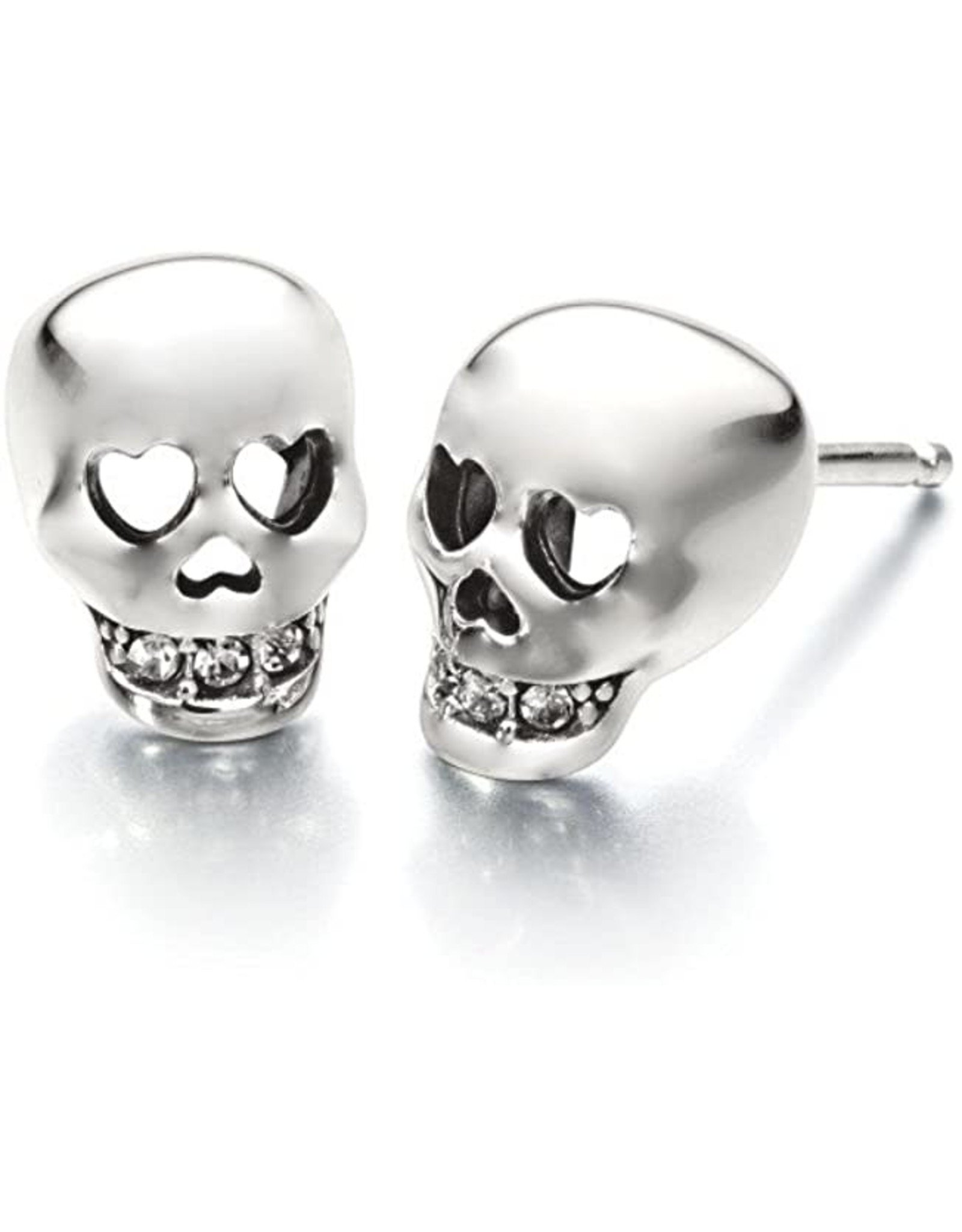 14K White Gold Diamond Skull Stud Earrings with Heart Eyes, D: 0.06ct