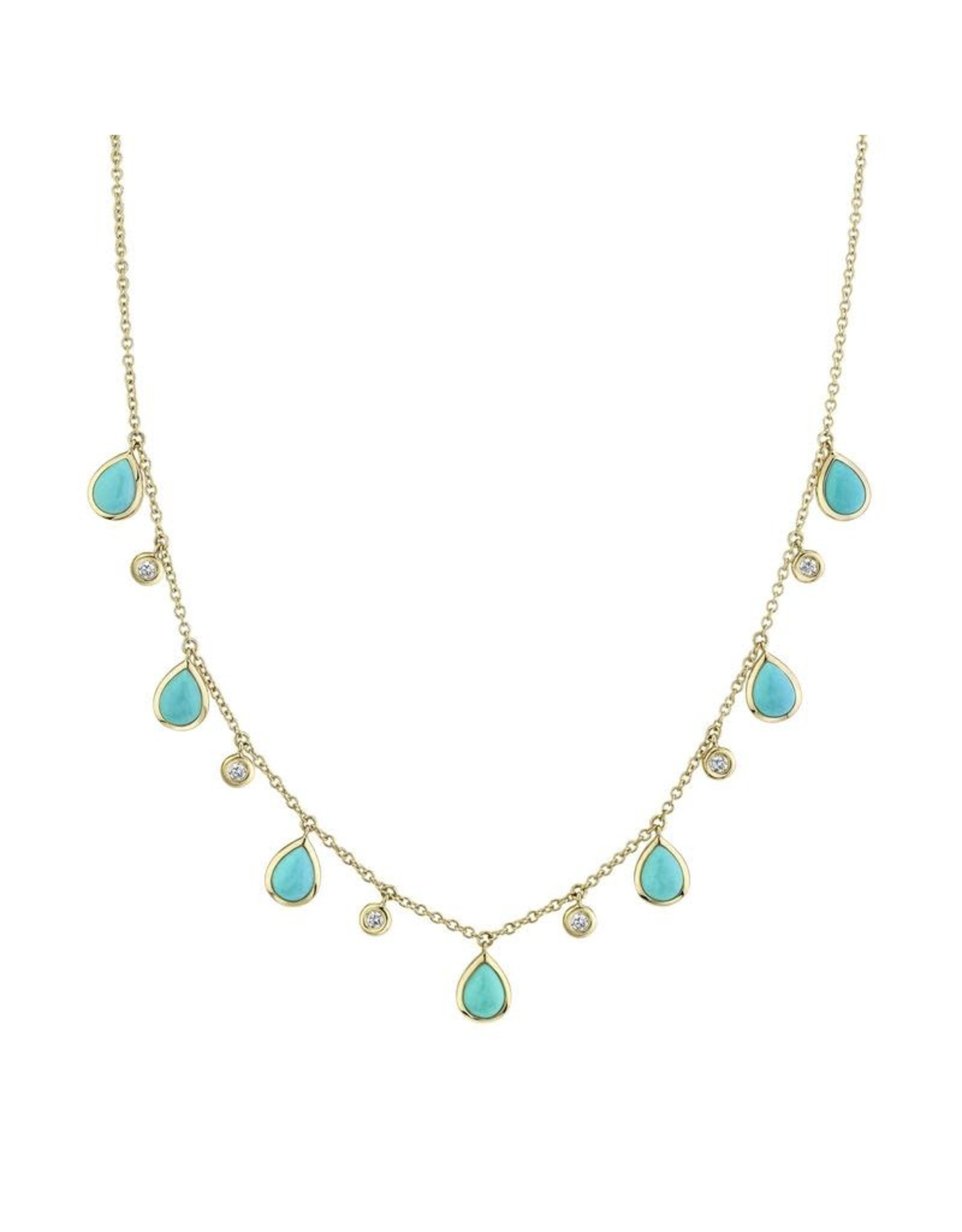 14K Yellow Gold Turquoise and Diamond Dangle Necklace, T: 5.49ct, D: 0.25ct