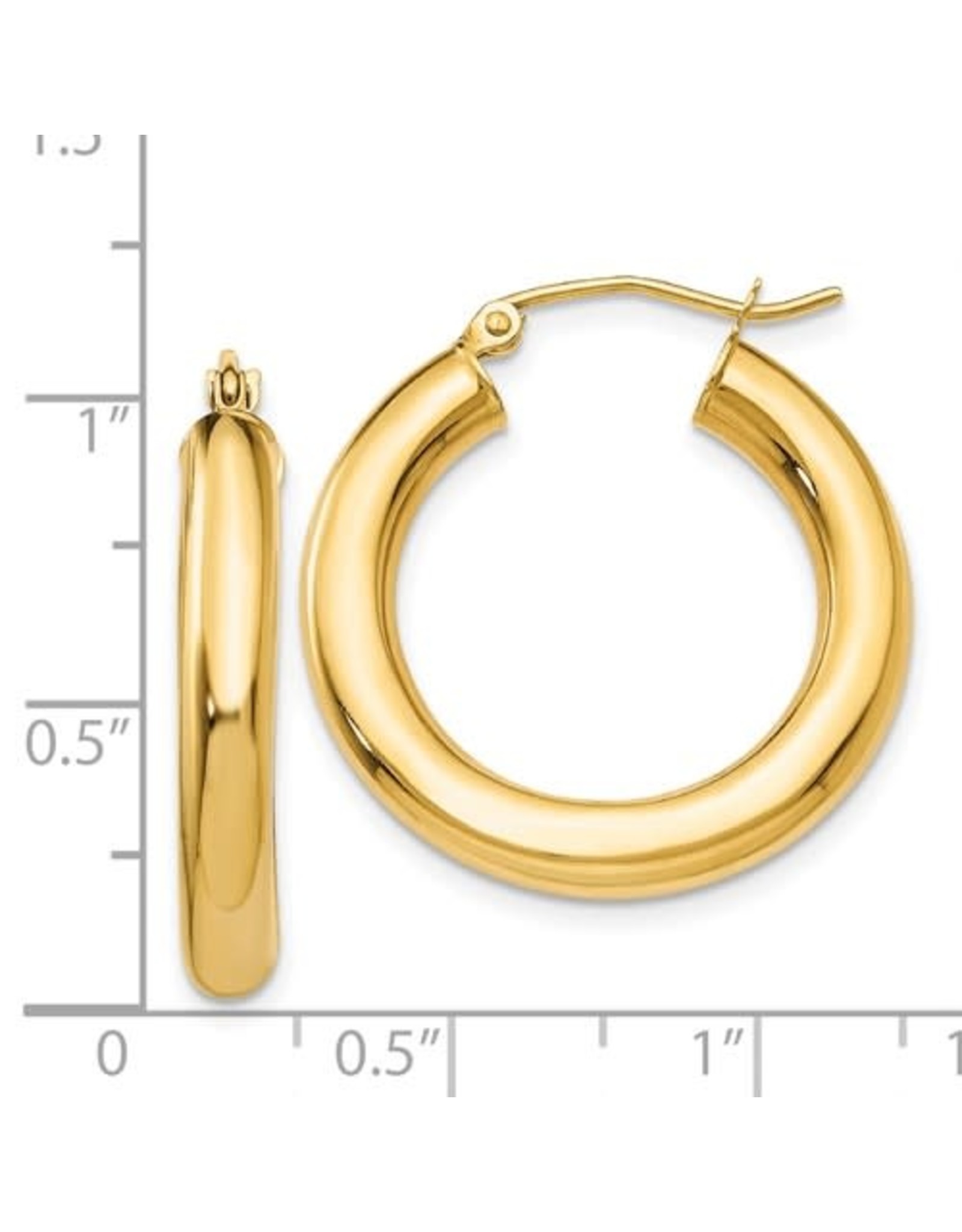 14K 4mm Lightweight Classic Tube Hoop Earrings, 1", 1.85dwts