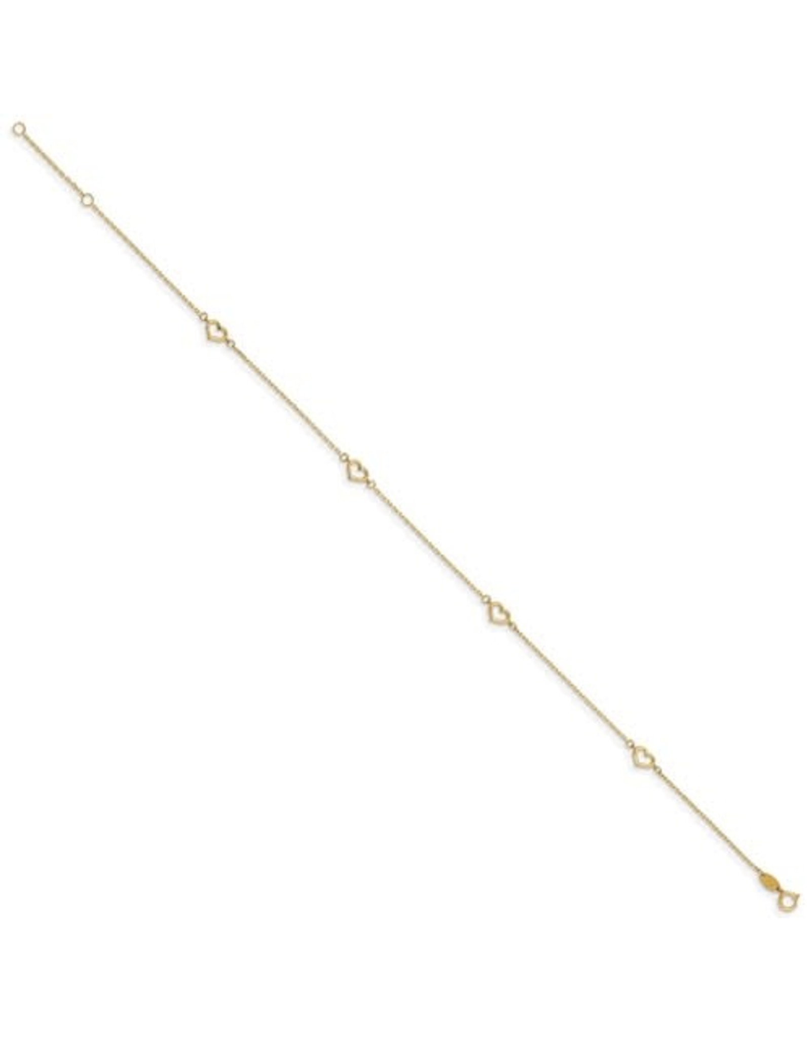 14K Yellow Gold Open Heart Anklet, 10" + Ext