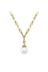 14K Yellow Gold Paperclip Necklace with Pearl and Diamond Necklace, D: 0.05ct