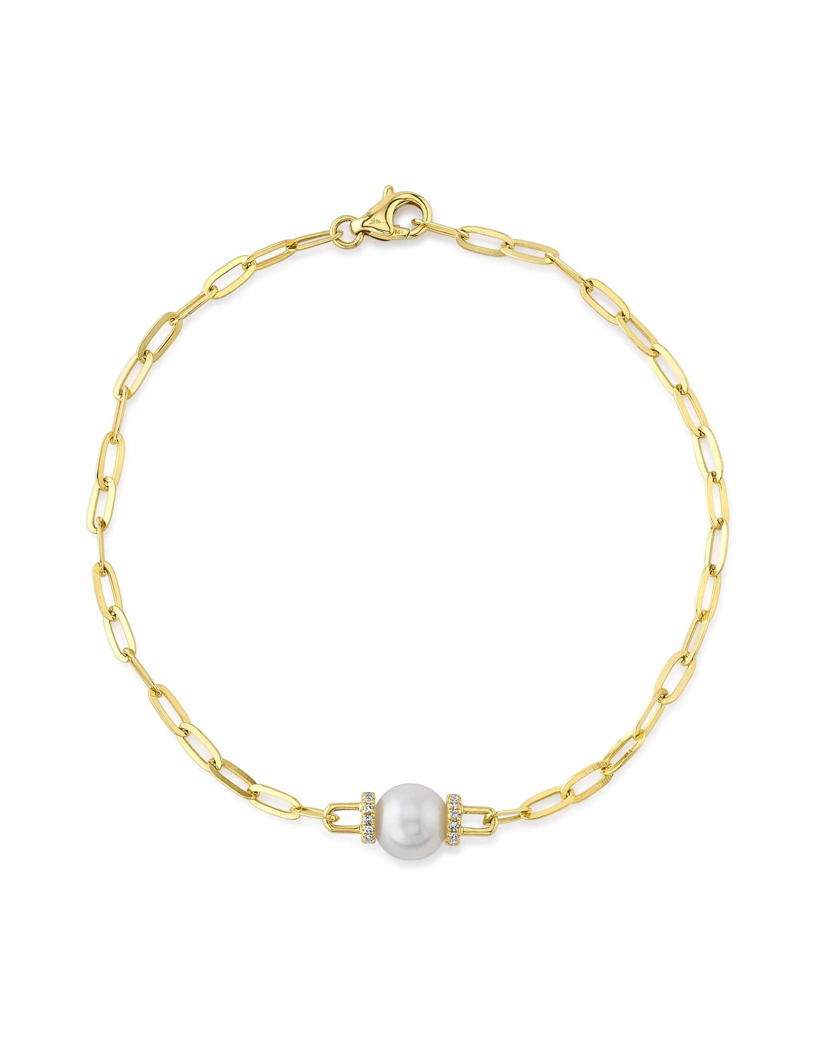 14K Yellow Gold Pearl Bracelet with Paperclip Links, D: 0.07ct