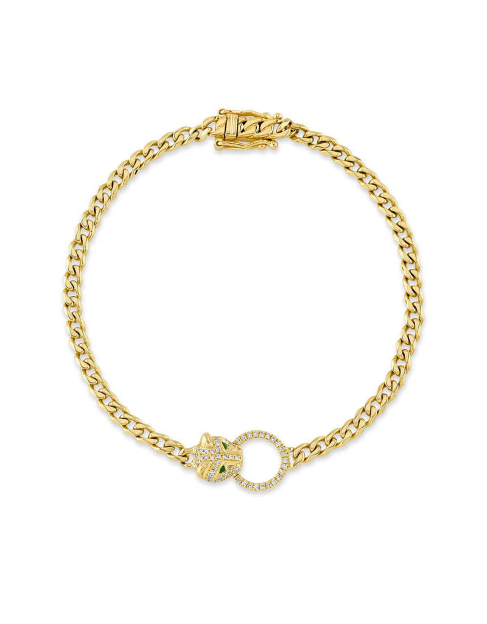14K Yellow Gold Panther Curb Link Bracelet,  E: 0.03ct, D: 0.16ct,