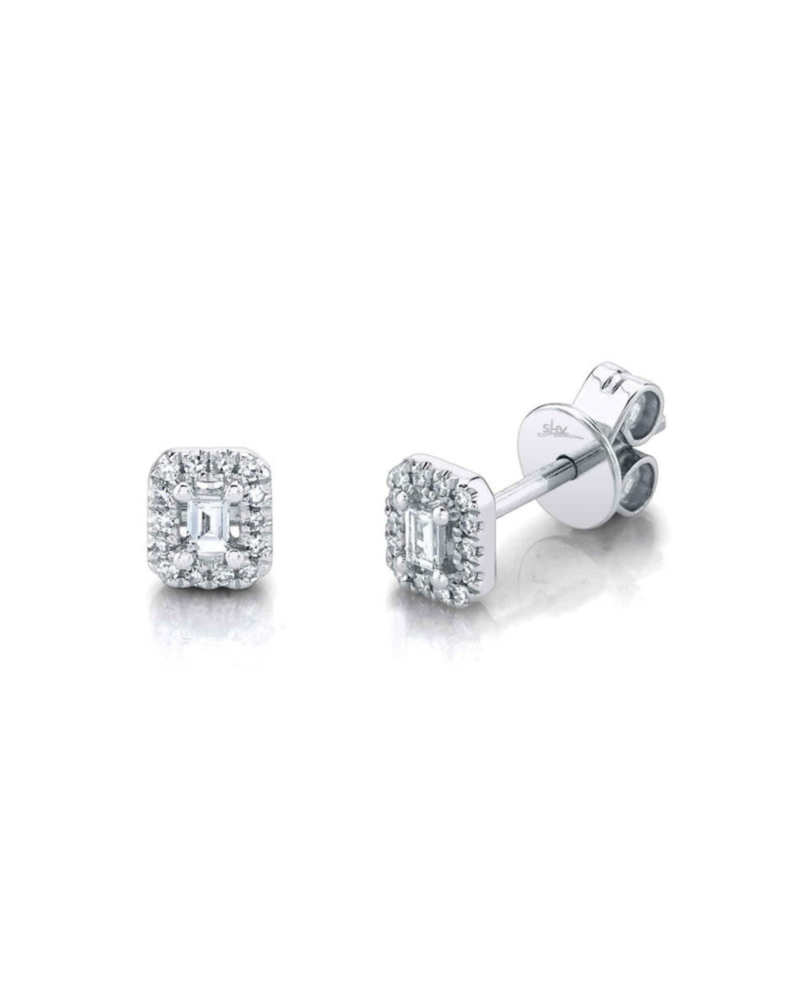 14K White Gold Danity Baguette Halo Diamond Stud Earrings, D: 0.12ct