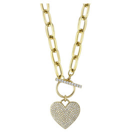 14K Y/G Paperclip Pave Heart Toggle Necklace