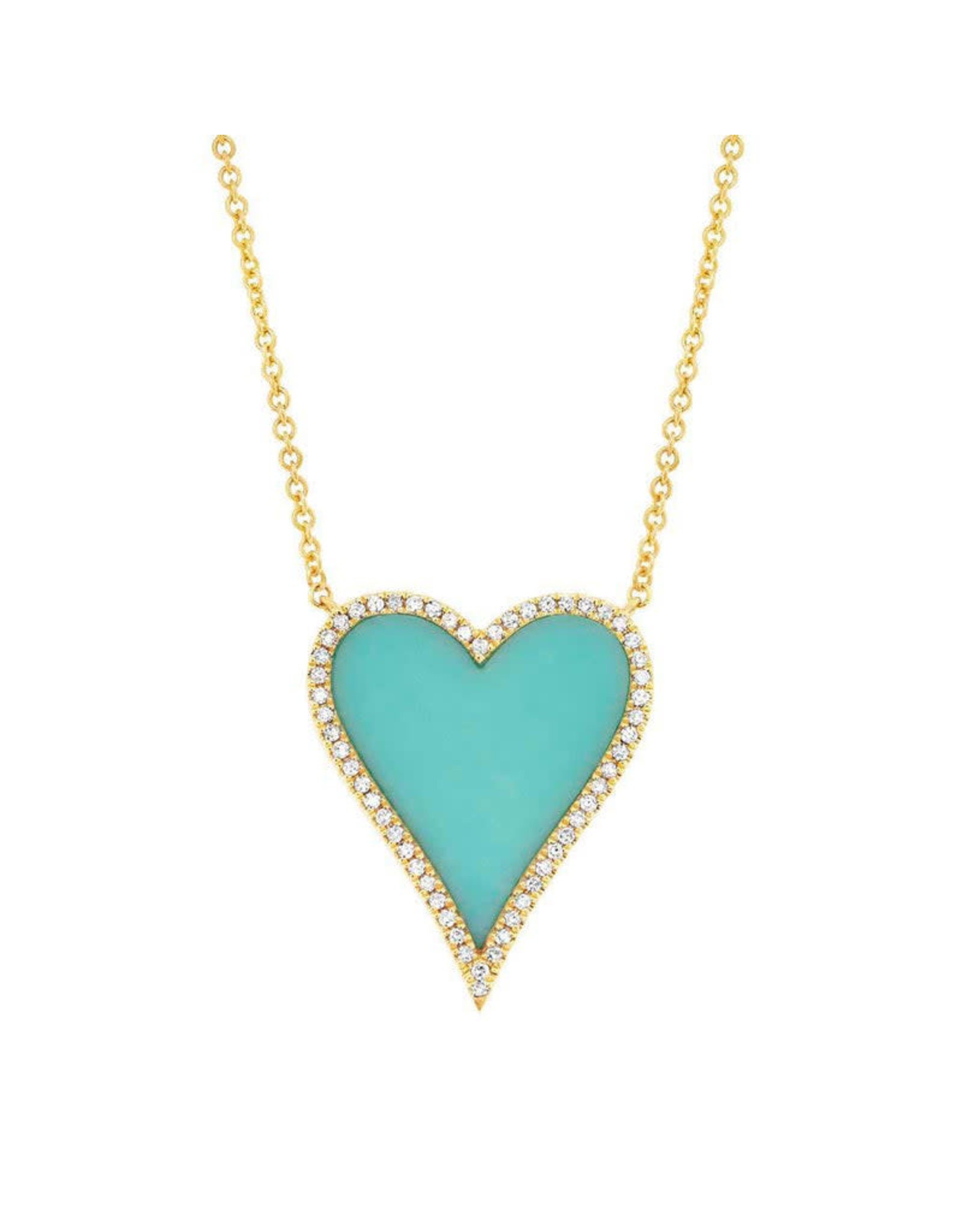 14K Yellow Gold Elongated Turquoise & Diamond Heart Necklace, TQ: 1.80ct, D: 0.13ct