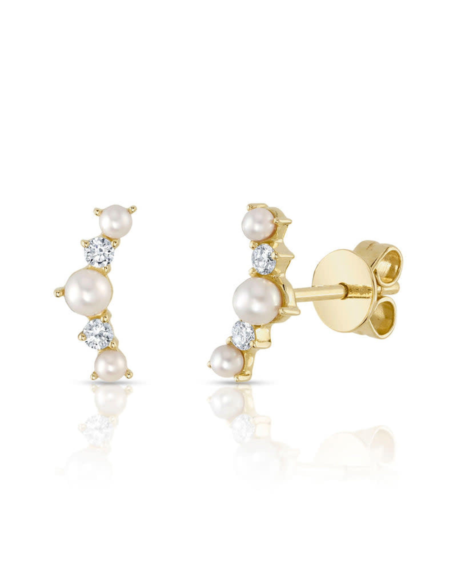 14K Yellow Gold Pearl and Diamond Stud Earring Climbers, D: 0.09ct