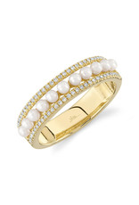 14K Yellow Gold Pearl and Diamond Triple Row Ring, D: 0.14ct