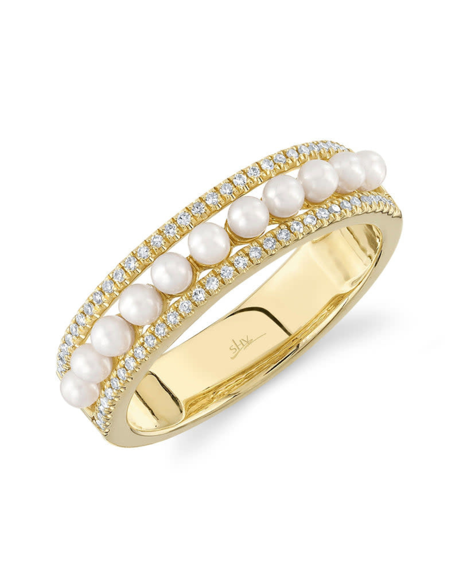 14K Yellow Gold Pearl and Diamond Triple Row Ring, D: 0.14ct