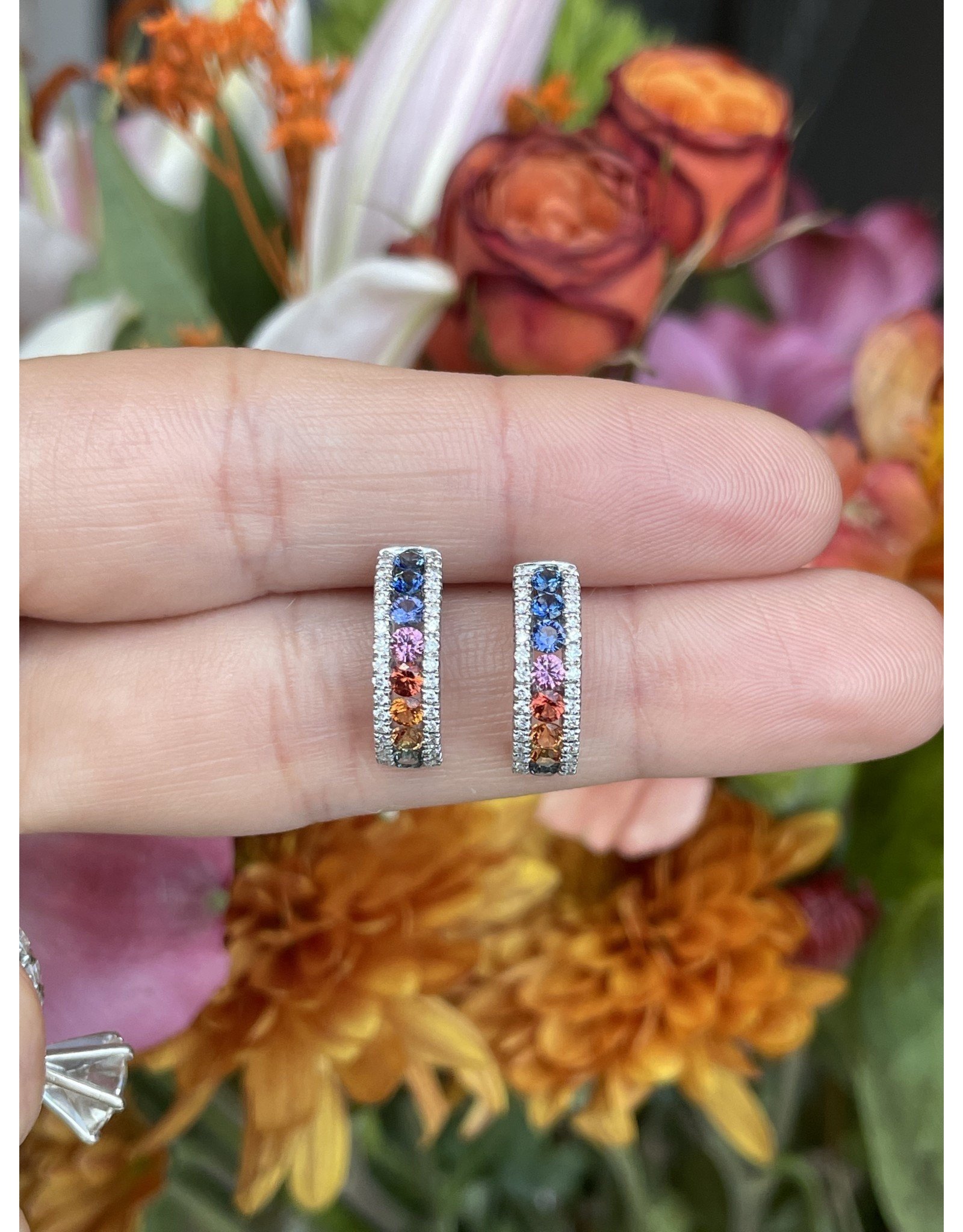 18K White Gold Multi Color Sapphire & Diamond Earrings, S: 1.20ct, D: 0.33ct